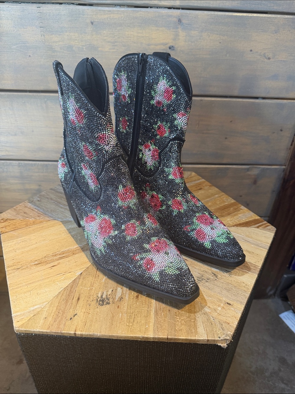 Wild Pair Black Crystal Floral Western Ankle Boots